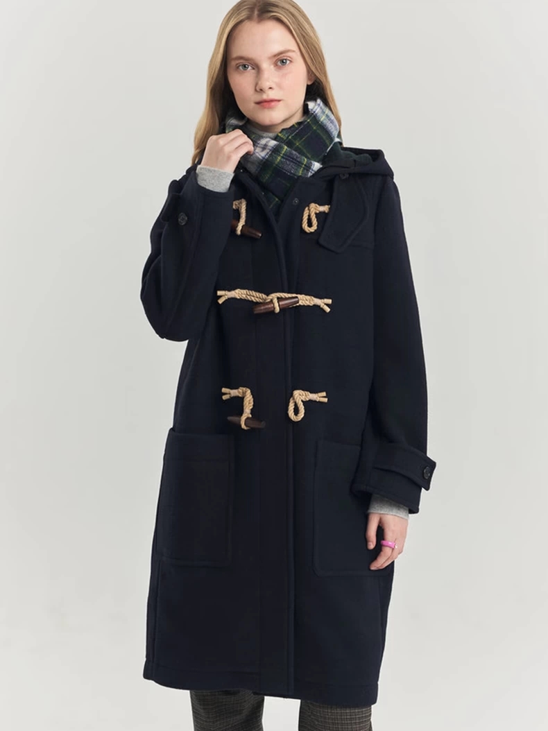 保真*韩国新款H@ZZYS加厚全羊毛软糯英伦风连帽牛角扣大衣