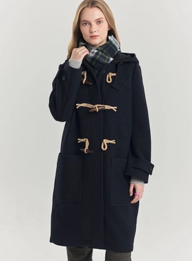 保真*韩国新款H@ZZYS加厚全羊毛软糯英伦风连帽牛角扣大衣