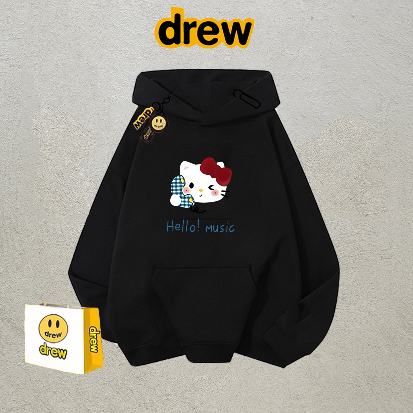 drew美式潮牌凯蒂猫连帽衫外套男女秋冬卡通休闲宽松学生情侣上衣
