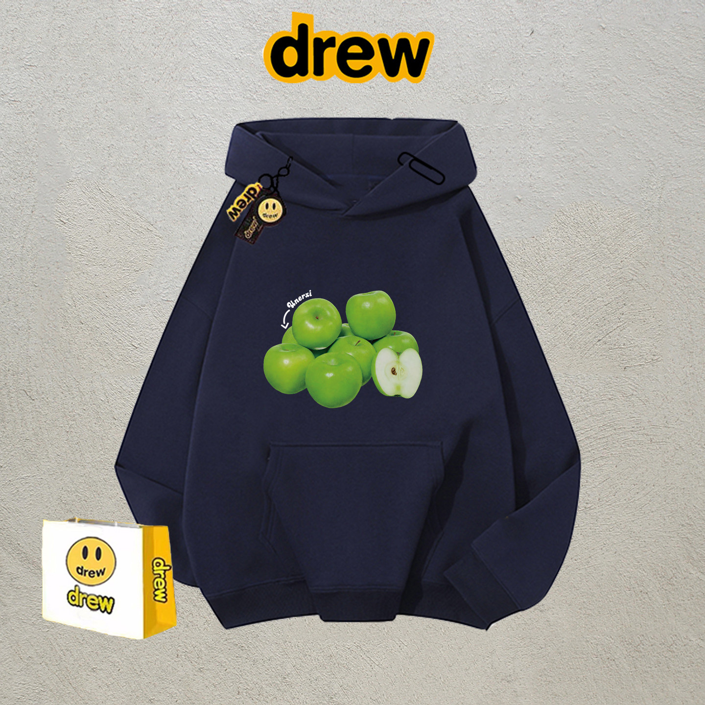 drew趣味可爱水果印花情侣外套秋冬潮牌小众宽松连帽卫衣男女上衣