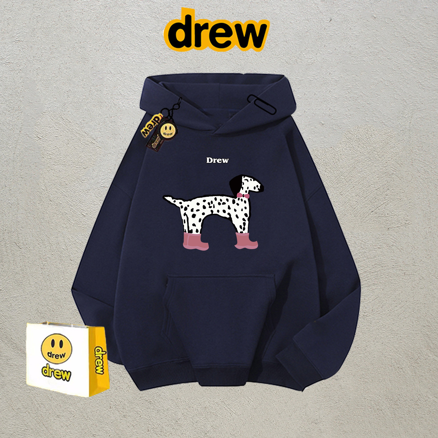 drew美式潮牌笑脸连帽卫衣男女款卡通斑点狗印花宽松套头情侣上衣