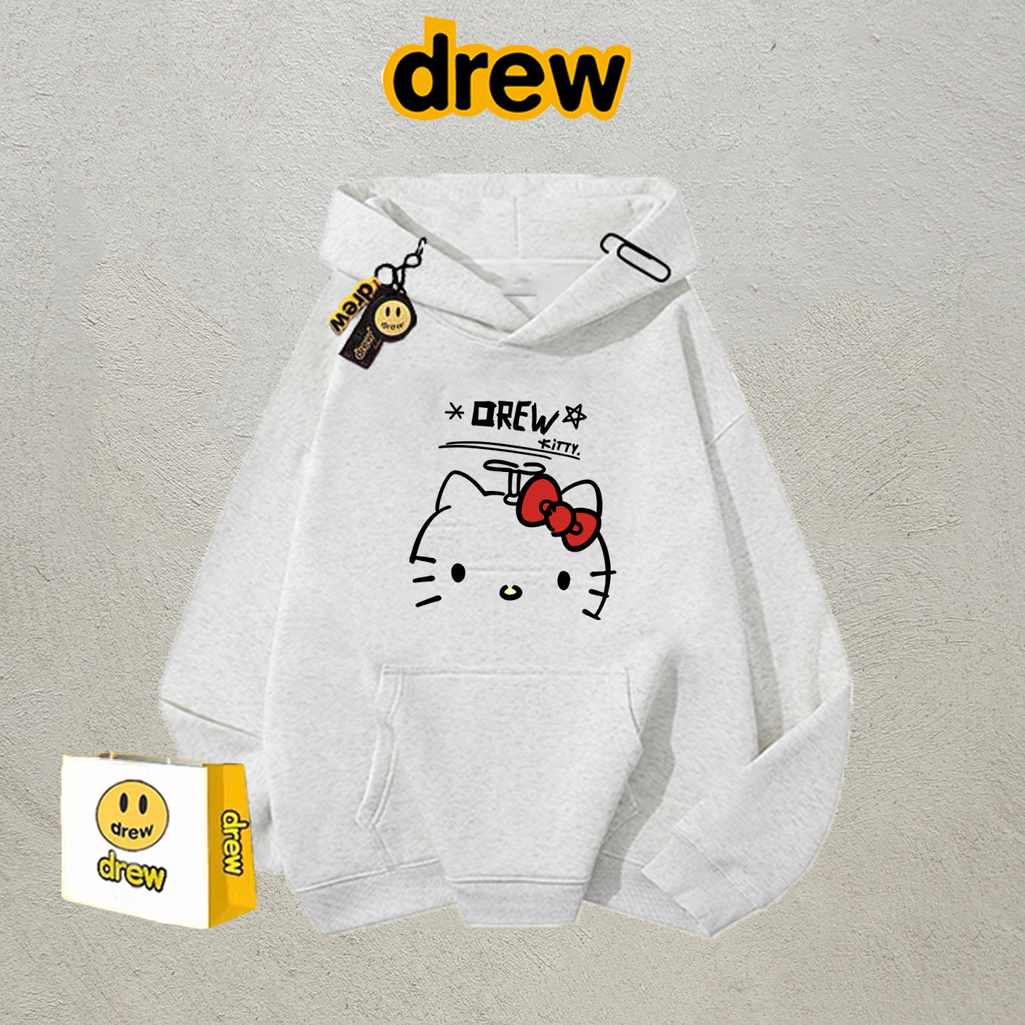 drew美式潮牌手绘凯蒂猫印花连帽卫衣男女秋冬休闲bf宽松情侣上衣