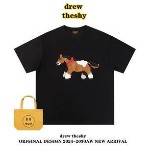 drew美式复古卡通小马印花短袖t恤男女夏季潮牌纯棉百搭ins情侣装
