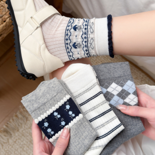 无骨菱格条纹春夏季 灰色袜子女韩版 吸汗透气中筒棉袜 起步韩袜