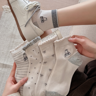 蝴蝶结波点小兔白色棉袜甜美短筒袜 白色袜子女春夏季 起步韩袜