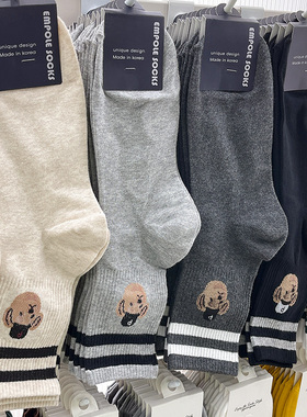 韩国东大门男袜EMPOLE小熊P字母袜子螺纹简约吸汗条纹中筒袜春秋
