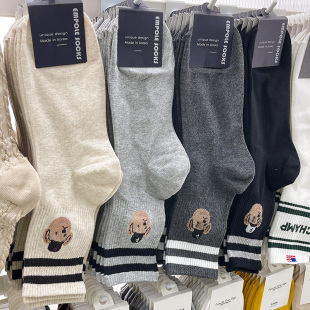 韩国东大门男袜EMPOLE小熊P字母袜子螺纹简约吸汗条纹中筒袜春秋