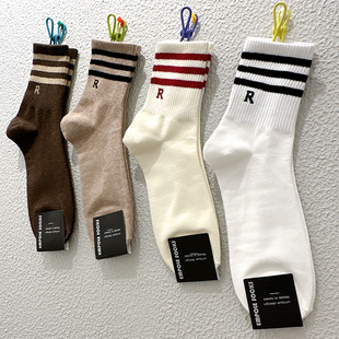 吸汗运动棉袜R字母条纹中筒袜 四季 韩国男袜东大门现货 EMPOLE新款