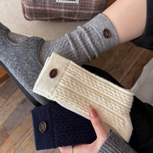 起步韩袜羊绒袜子女中筒袜暖绒微压纽扣egg韩版 ins秋冬加厚针织袜