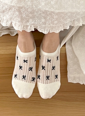 白色蝴蝶结袜子船袜女夏季薄款镂空网眼透气ins防滑不掉跟隐形袜