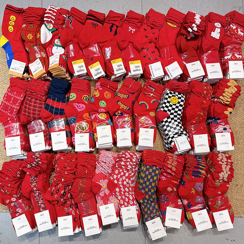 韩国吸汗女棉本命年大红色中筒袜