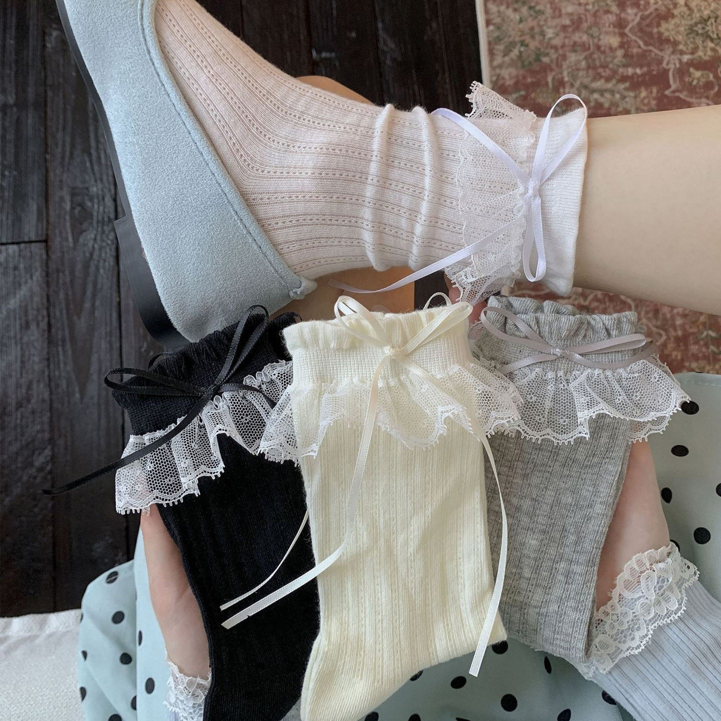 起步韩袜蕾丝花边袜子女薄款棉春夏季蝴蝶结飘带芭蕾风堆堆长筒袜