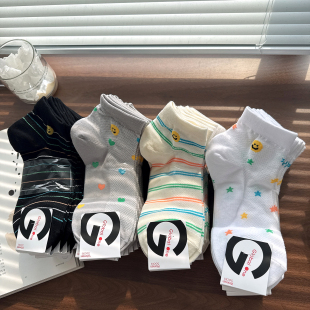 韩国东大门进口女袜子GLALALANE春夏季 薄棉网眼透气笑脸条纹短袜