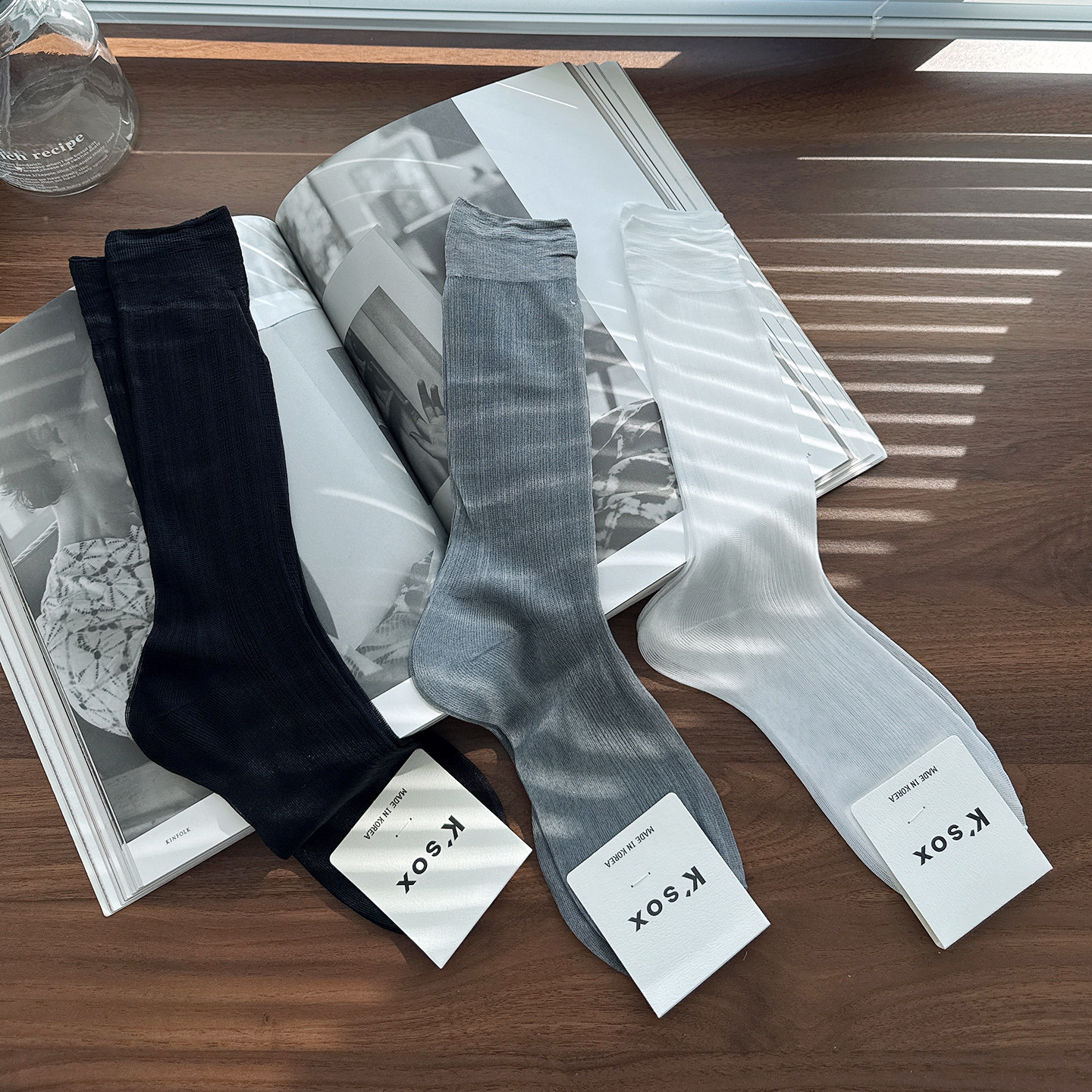 韩国进口KSOX薄款东大门袜子竖条纹小腿丝袜黑白灰色堆堆中长筒袜