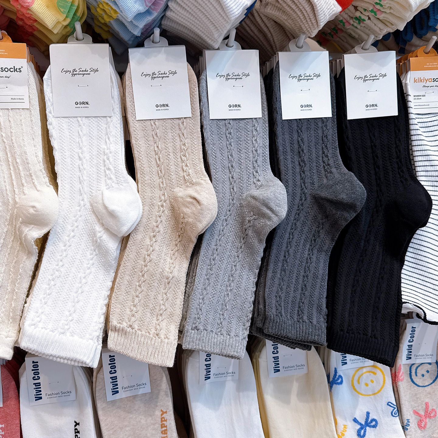 韩国进口东大门袜子女ggorangnae纯色螺纹四季款百棉袜搭中长筒袜