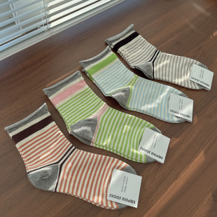 韩国进口东大门袜子女四季 卷边条纹棉袜无压力不勒脚中筒袜 春秋款
