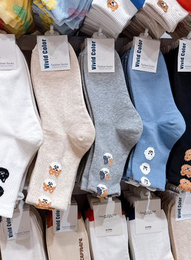 韩国进口东大门袜子女棉袜vivid秋冬新款可爱卡通袜白灰色中筒袜