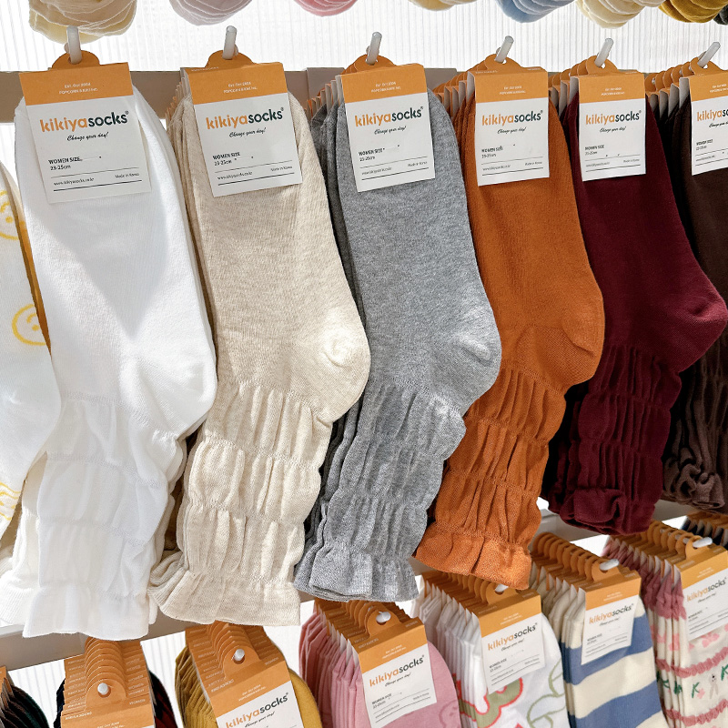 kikiya socks韩国进口女袜东大门秋冬纯色新款褶皱长筒堆堆袜中筒