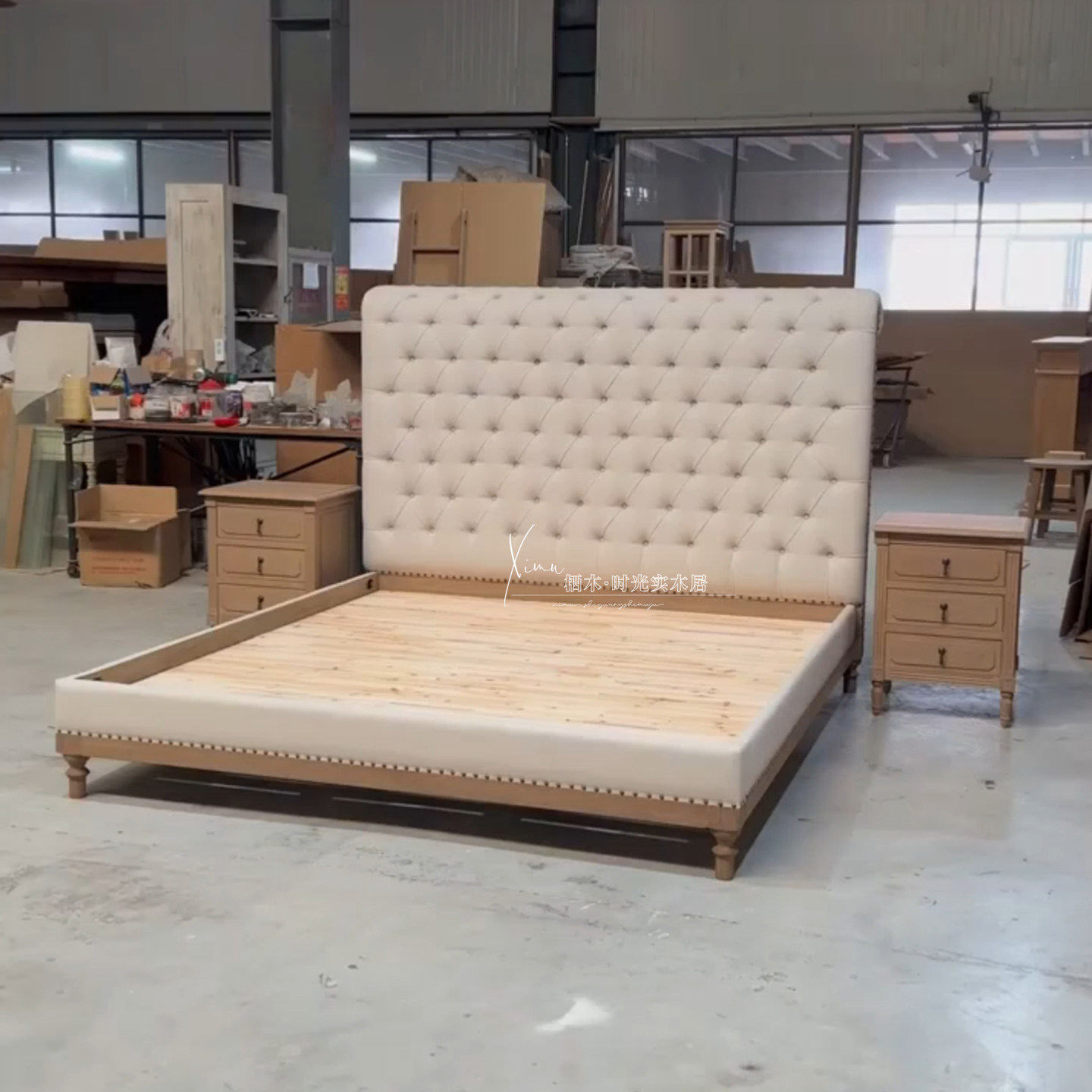 法式复古风布艺床卧室现代简约双人方形软包床美式乡村高靠背大床