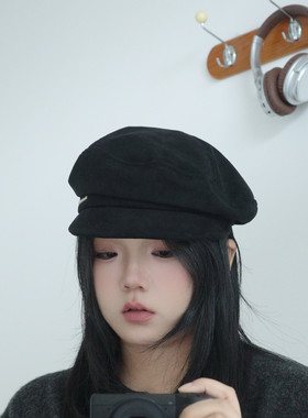 麂皮绒纯色带帽檐平顶贝雷帽
