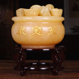 黄玉石聚宝盆摆件招财黄玉元宝家居装饰品客厅办公室工艺品礼品