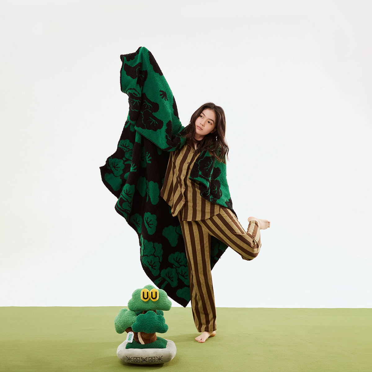 xietu松林间盖毯半边绒午睡披肩