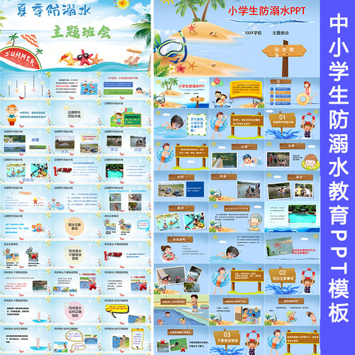 夏季暑假期青少年中小学儿童防溺水安全教育宣传班会讲座PPT模板