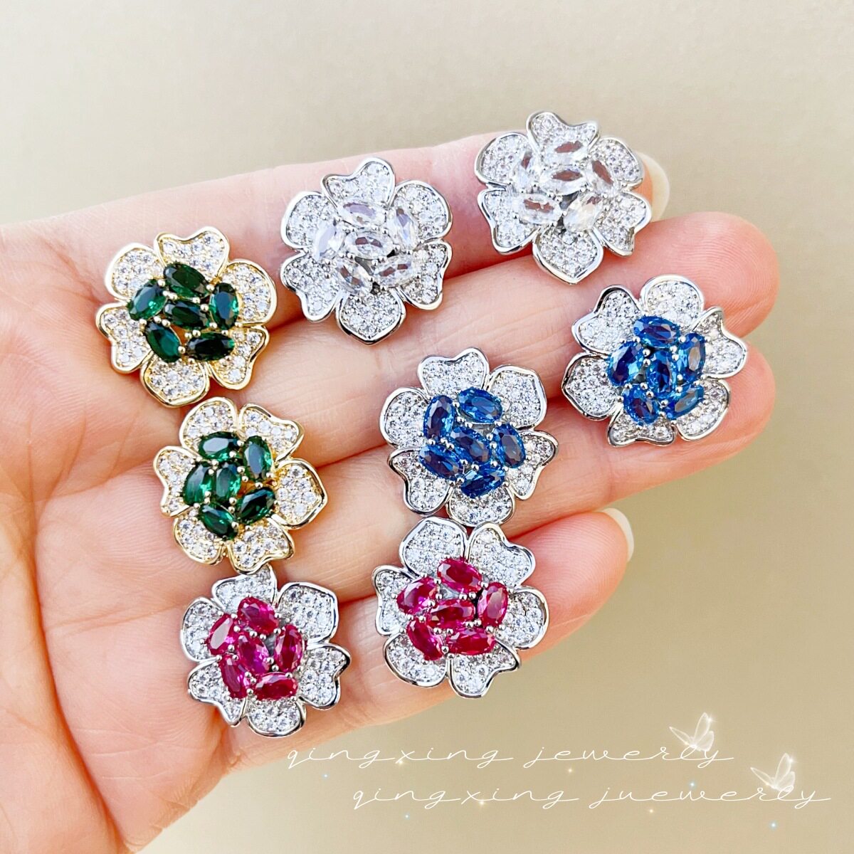 高级感红刚玉锆石耳饰女士彩宝款花朵银针耳钉女性花卉镶嵌天然