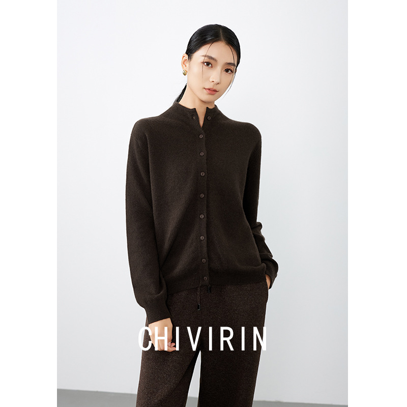 2025冬季新款简约半高领长袖针织开衫女设计感小众气质绵羊毛上衣