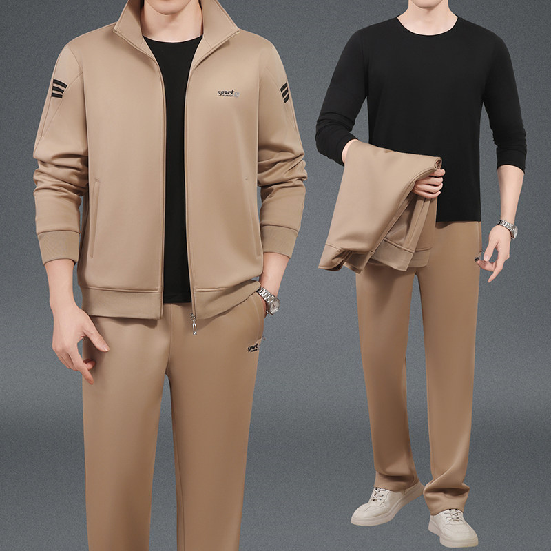 男士春秋运动套装立领拉链开衫休闲服中老年爸爸装三件套加大码男