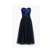 Zac posen 無肩帶褶裥緞面拼塊薄紗禮服女OL風(fēng)裙子女仙女裙百搭