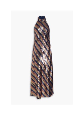 RIXO 条纹珠片乔其纱中长连衣裙女百搭裙子女伴娘裙通勤insOL风