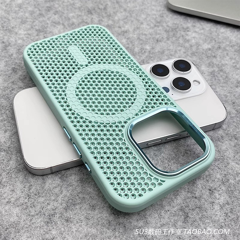 磁吸充电散热蜂窝透气适用14小米15pro手机壳15Ultra红米K80淡青色K70至尊版高级防摔金属镜框Magsafe薄荷绿