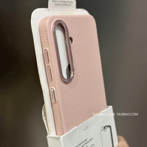 樱花粉色荔枝纹颗粒手感硬壳适用三星S25ultra手机壳S24+仿皮纹S24ultra大孔浅粉色高级素皮纯色全包金属镜头