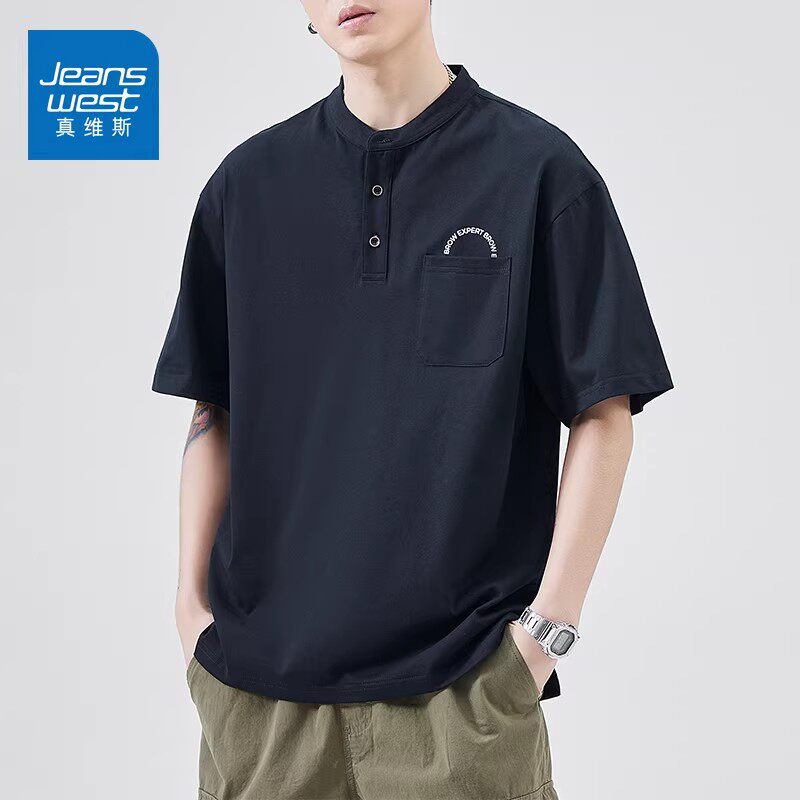 真维斯复古纯棉亨利领Polo衫短袖男夏季新款宽松小众t恤休闲上衣