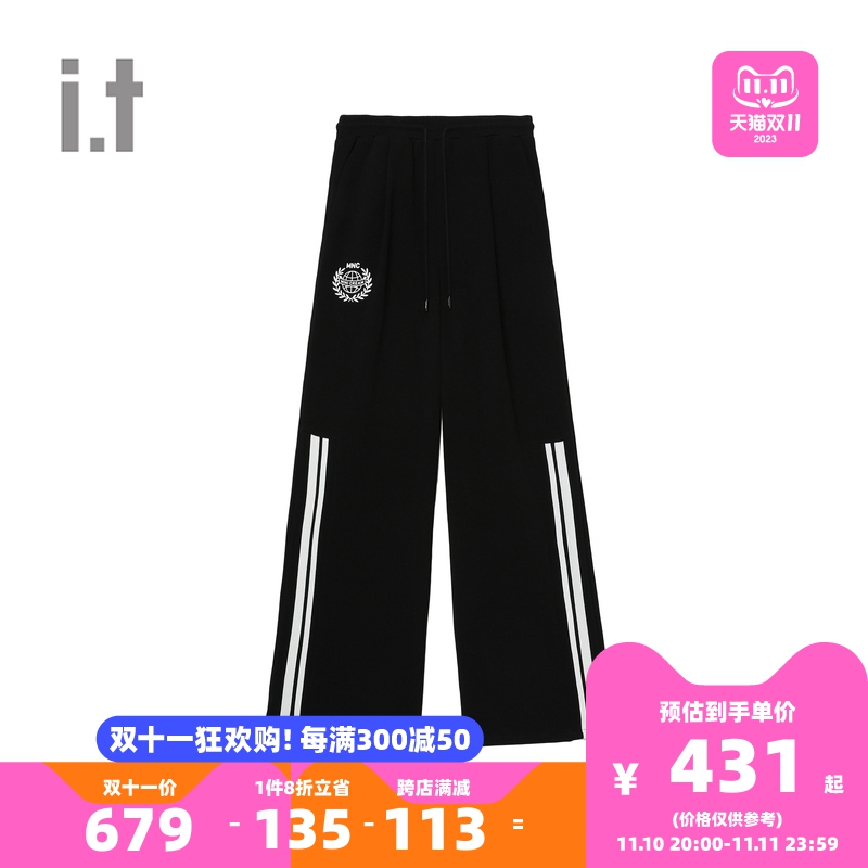 i.t mini cream女装新品潮流条纹抽绳休闲宽版阔腿裤500AL