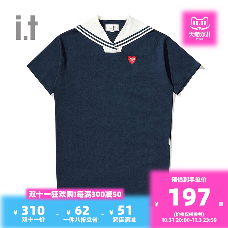 it :CHOCOOLATE女装短袖连衣裙夏季时尚海军风领休闲爱心徽章1540