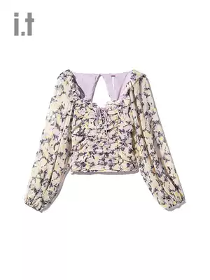 it Free People women's top summer lace square collar print hollow backless 10815E