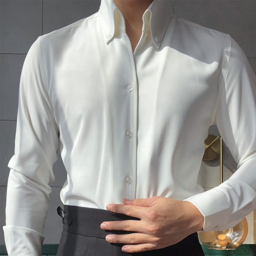法式衬衫男士长袖休闲轻奢修身商务正装立领衬衣男免烫气质上衣