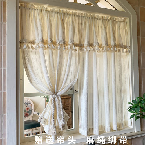 奶油风纱帘赠送帘头和麻绳绑带
