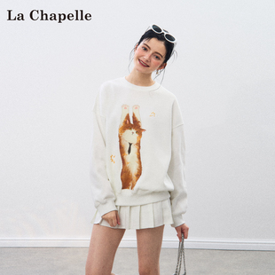 拉夏贝尔萌猫举爪印花卫衣俏皮猫咪少女感初秋宽松上衣日常穿搭