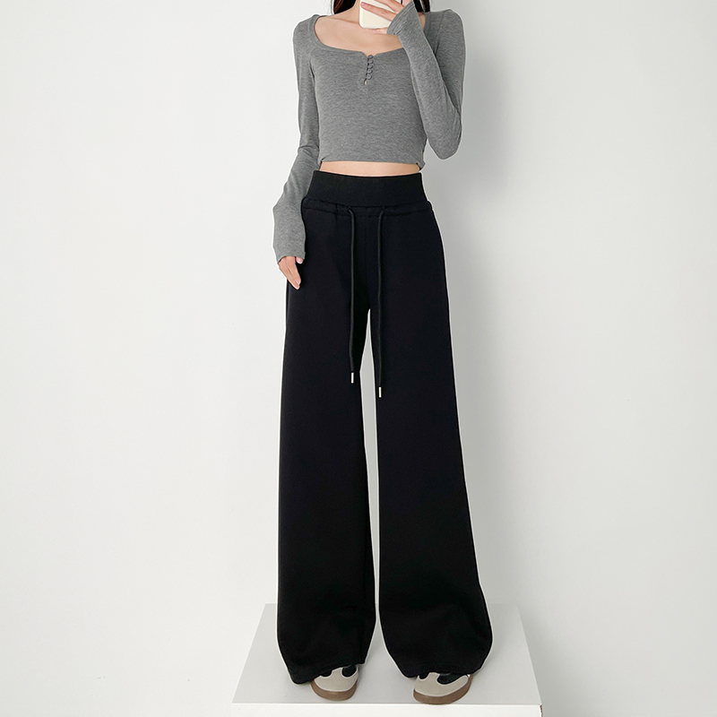 拉夏贝尔慵懒风高腰抽绳阔腿卫裤