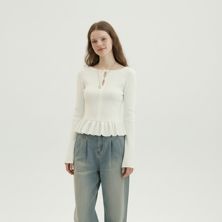 拉夏贝尔2025冬季法式复古圆领长袖荷叶边收腰T恤女碎褶喇叭袖