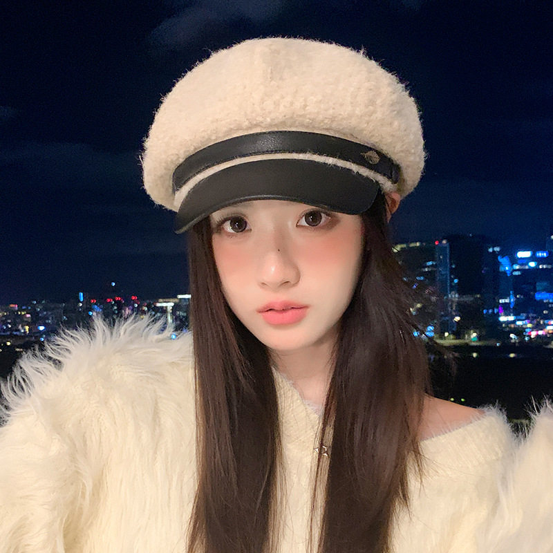韩国皮檐时尚百搭八角帽秋冬季帽子女款加绒保暖贝雷帽气质报童帽