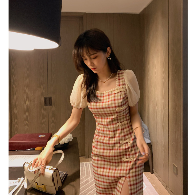 谜秀民国风连衣裙女2020夏装新款韩版修身复古格子中长款裙子夏潮