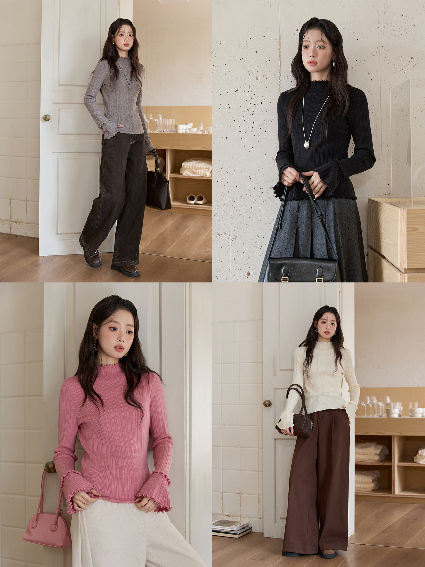 谜秀10.3新品多色可选半高领打底衫 修身针织2025秋木耳边喇叭袖