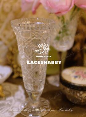 新款LACESHABBY欧式复古高透水晶玻璃格纹浮雕高脚台面花瓶花器
