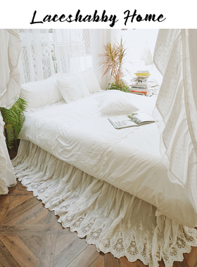 LACESHABBY新款法式复古风格白色镂空绣花纯棉布艺床裙床单床