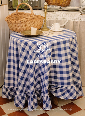 太治愈了！法式浪漫复古风格蓝白格子亚麻荷叶边餐桌布盖巾野餐布