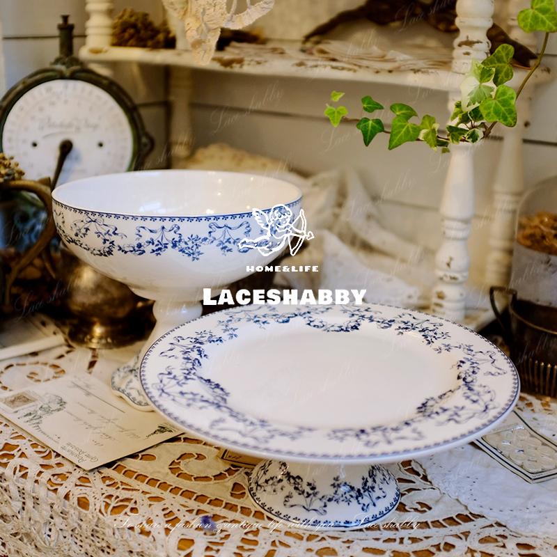 新款法式复古风格法瓷莫扎特蝴蝶结碎花白色陶瓷高脚托盘蛋糕盘子